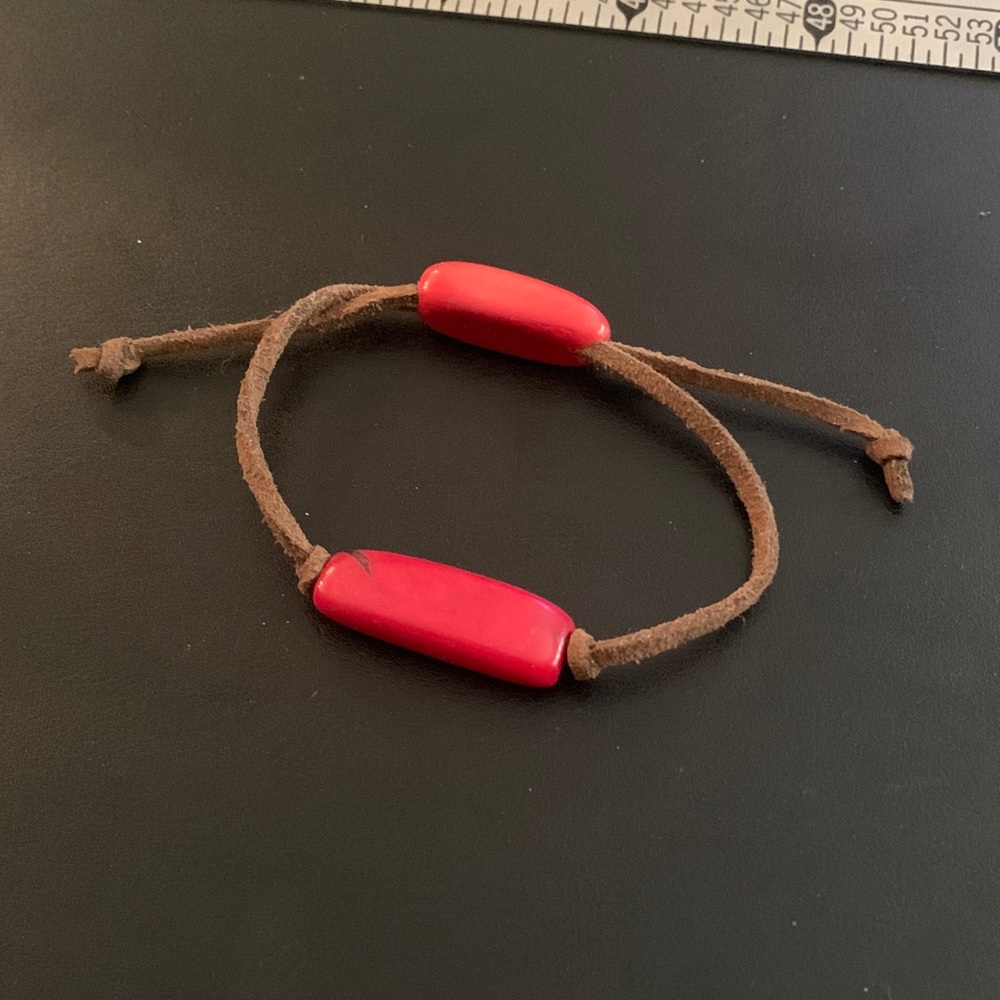 Red Beaded Bracelet with Brown Cord